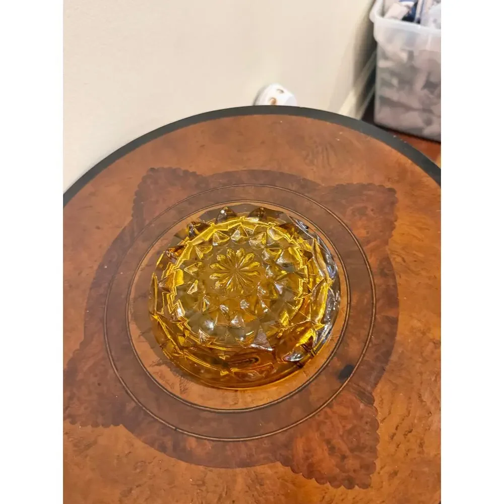 Vintage Amber Glass Ashtray Mid Century Modern Starburst Thumbprint Trinket Dish